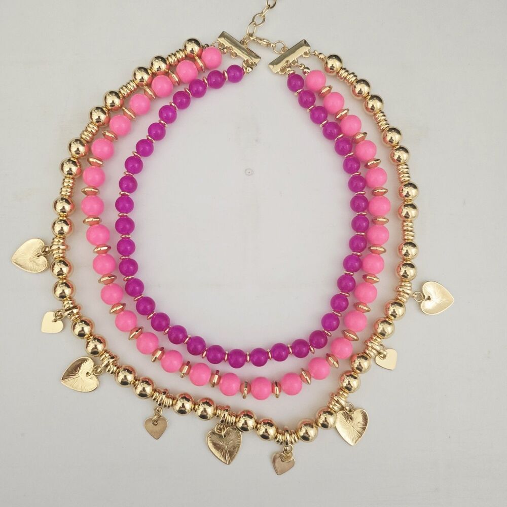 Lilly Pulitzer PINK Beaded GOLD HEART Charm Necklace Love $98 Retail - Picture 5 of 8